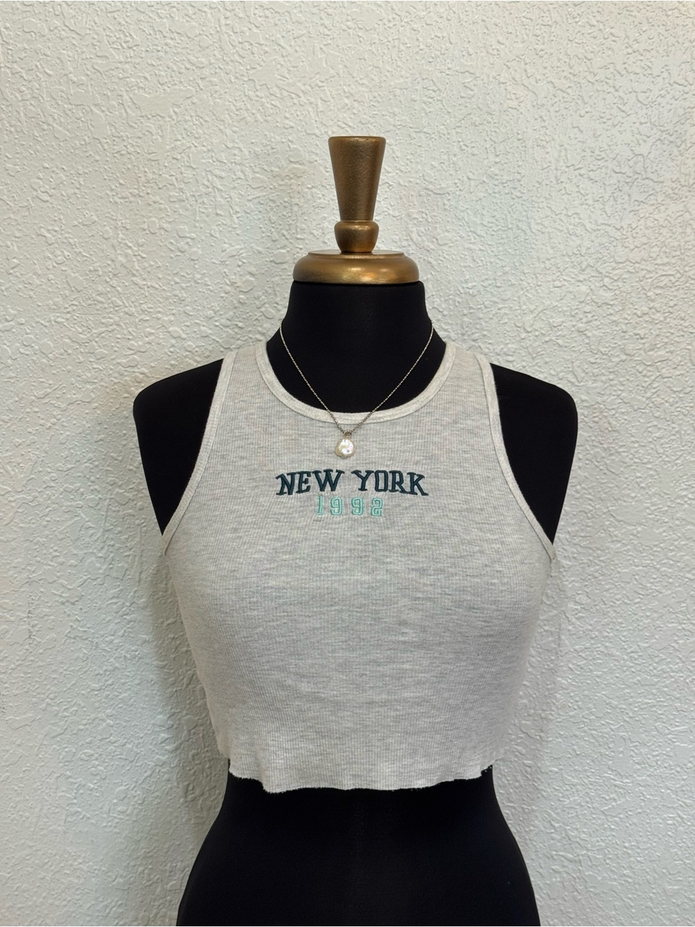 Rue21 Grey Ribbed Crop Tank with Green 'New York' Embroidery